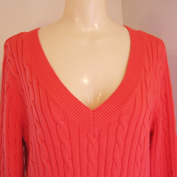 Chaps Classics-V-Neck Sweater-Salmon Cable Knit-L - Picture 2 of 7